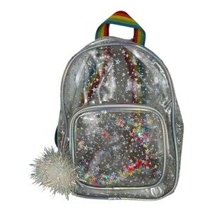 NWT Kids glittery Starry clear kids mini Backpack with Rainbow Handle bag charms
